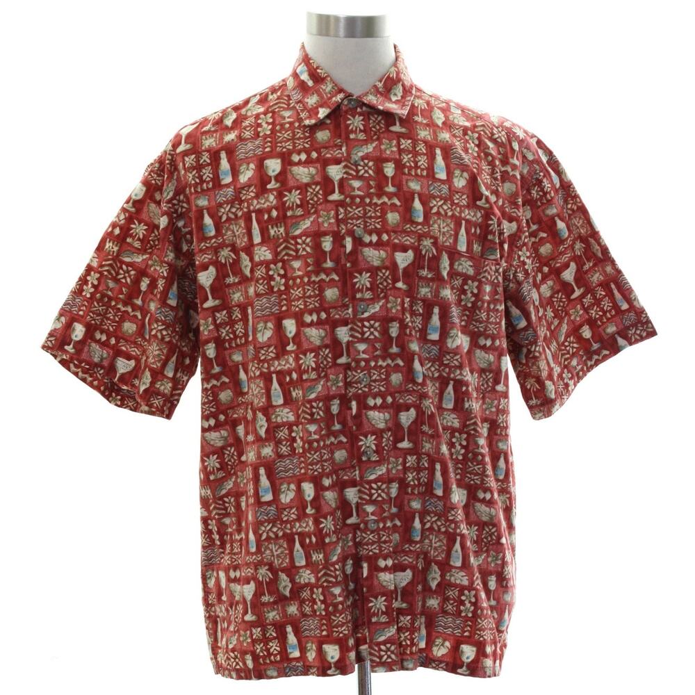 Vintage 80s Campia Red Hawaiian Cocktail Print Cotton Camp Shirt XL